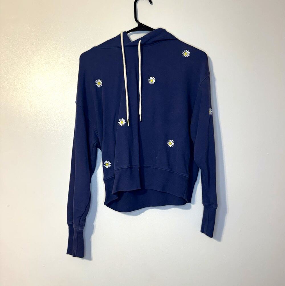 Women’s S Navy Pullover Hoodie Floral Flower Print Drawstring Long Sleeve